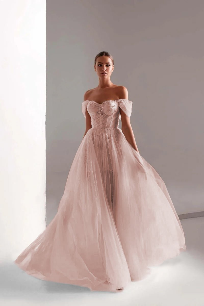 Tulle Prom Dress A-Line Long Shining Beads Prom Gown