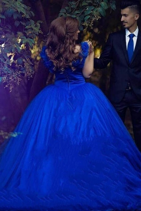 Quinceanera Dress Princess Tulle Royal Blue Wedding Dresses Flowers Off The Shoulder