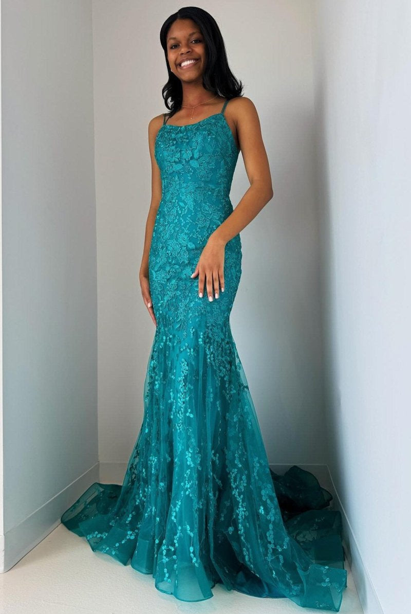 Elma | Turquoise Appliques Lace - Up Trumpet Long Prom Dress - KissProm