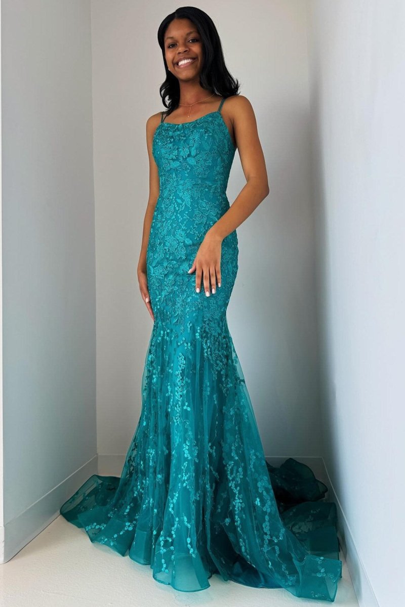 Turquoise Appliques Lace-Up Trumpet Long Prom Dress Turquoise Appliques Lace-Up Trumpet Long Prom Dress