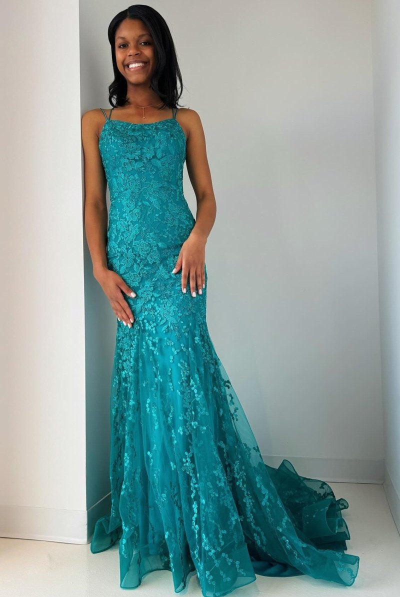 Elma | Turquoise Appliques Lace - Up Trumpet Long Prom Dress - KissProm