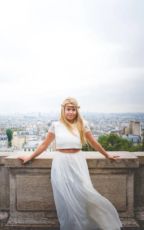 Two Piece Bateau Ankle - Length Chiffon Wedding Dress With Split Front And Pleats - KissProm