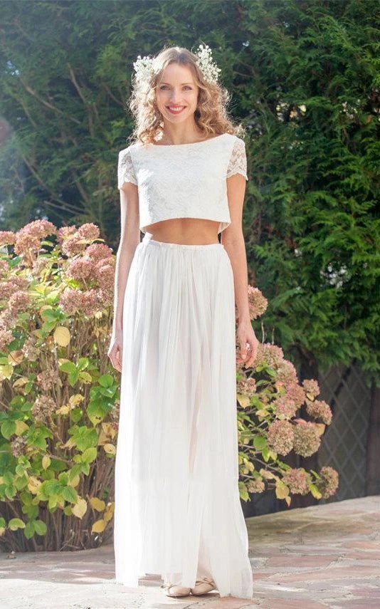 Two Piece Bateau Ankle - Length Chiffon Wedding Dress With Split Front And Pleats - KissProm