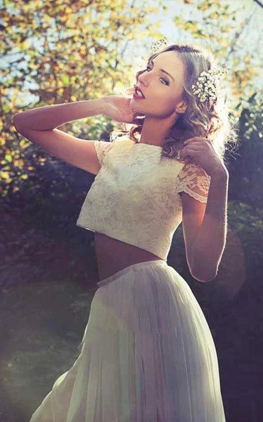 Two Piece Bateau Ankle - Length Chiffon Wedding Dress With Split Front And Pleats - KissProm