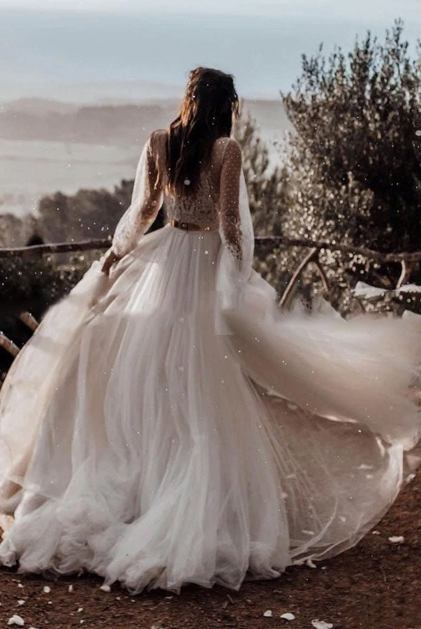 Two Piece Boho Dreamy A Line Tulle V-Neck Wedding Dresses Full Sleeve