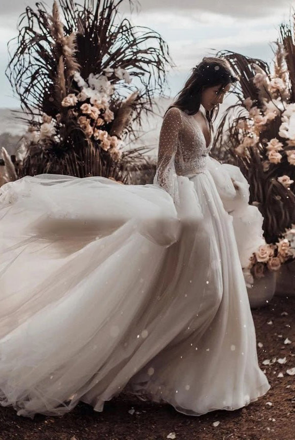 Two Piece Boho Dreamy A Line Tulle V-Neck Wedding Dresses Full Sleeve