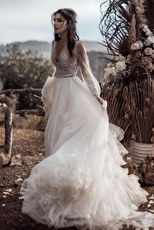 Two Piece Boho Dreamy A Line Tulle V-Neck Wedding Dresses Full Sleeve