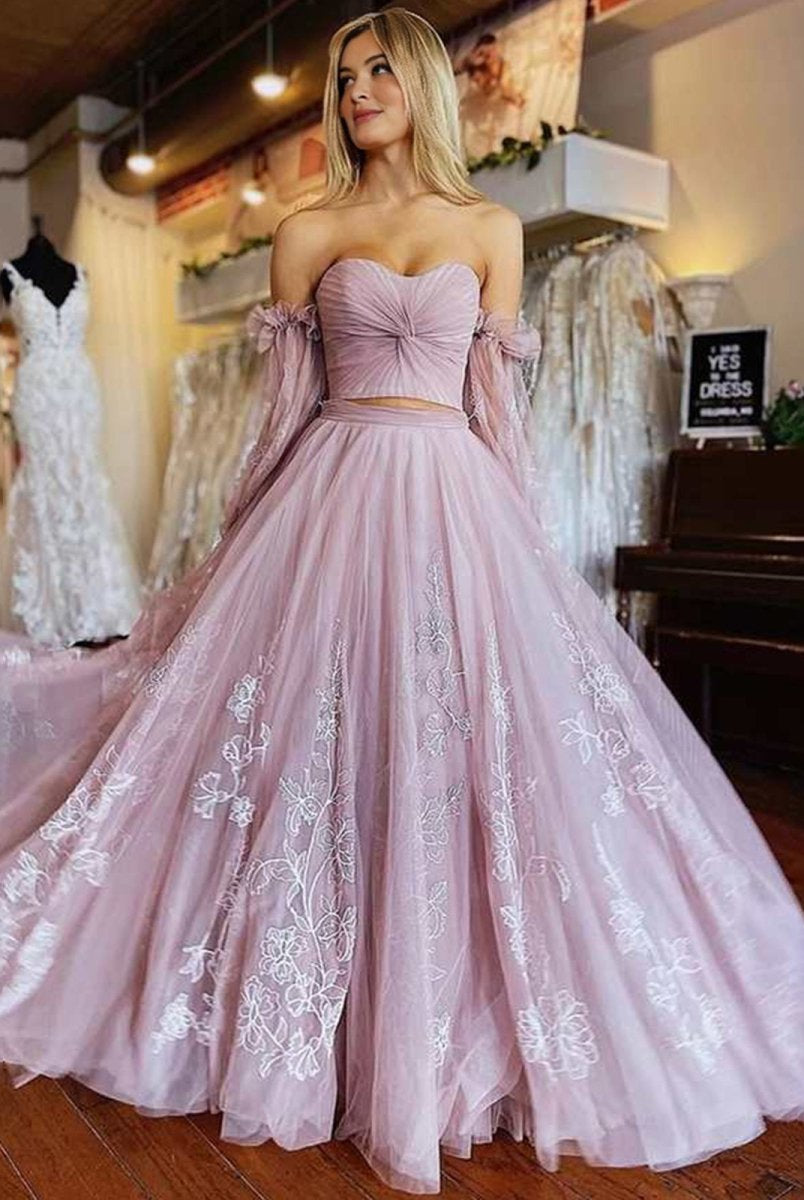 Two - Piece Dusty Pink Strapless A - Line Prom Dress with Sleeves - KissProm