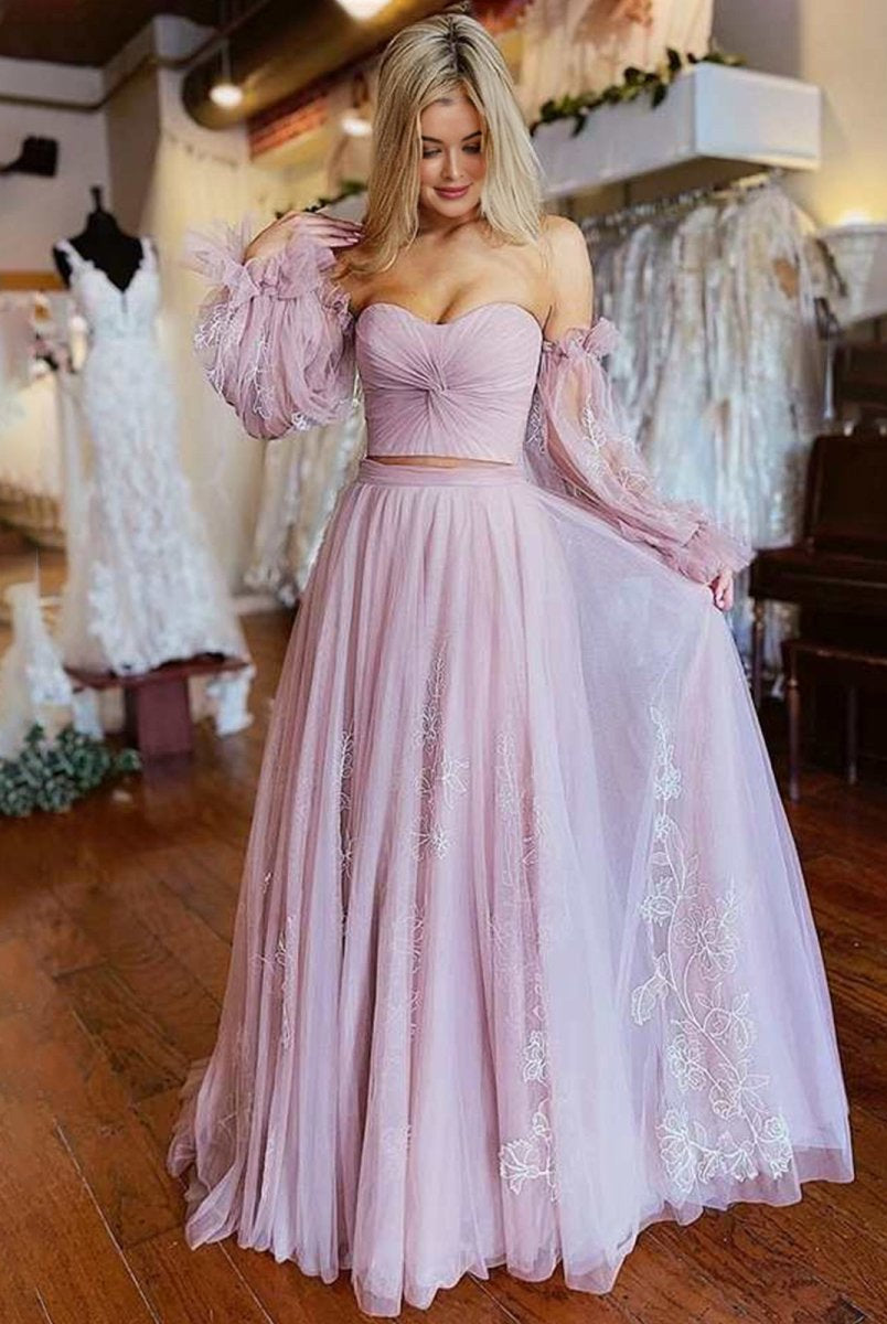 Two - Piece Dusty Pink Strapless A - Line Prom Dress with Sleeves - KissProm