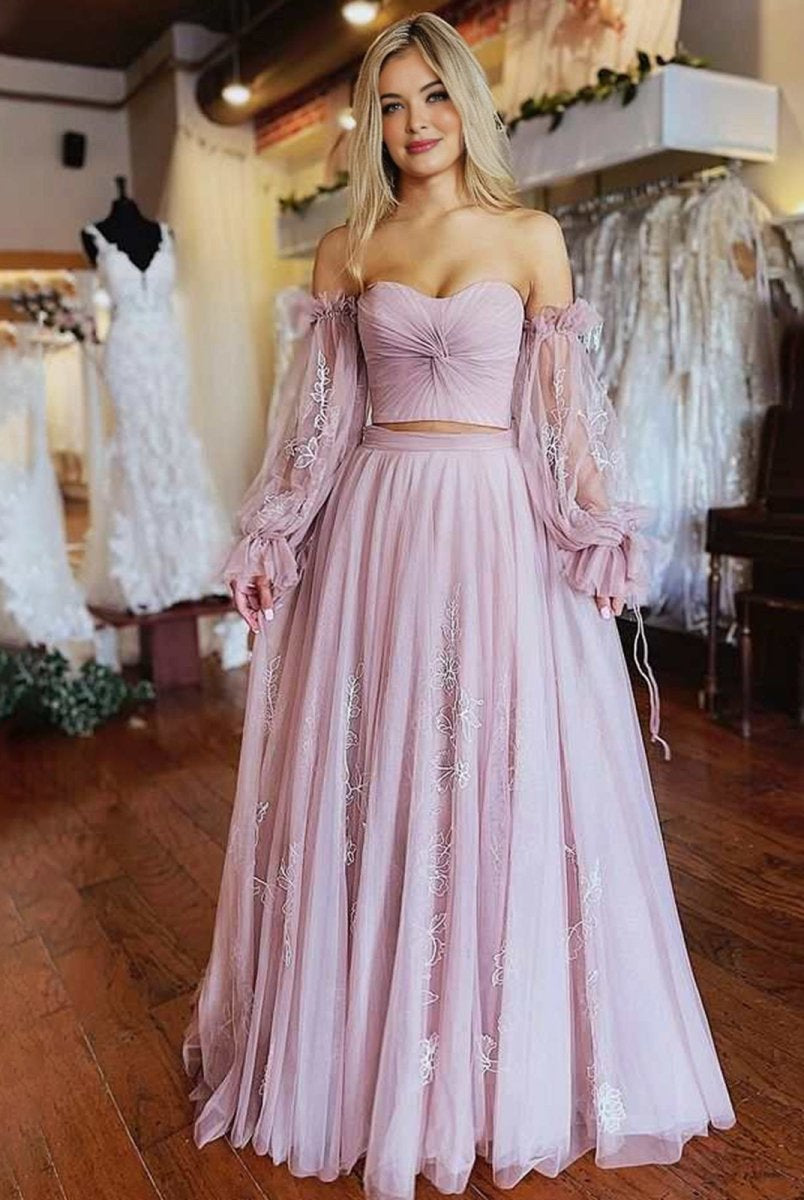 Two - Piece Dusty Pink Strapless A - Line Prom Dress with Sleeves - KissProm