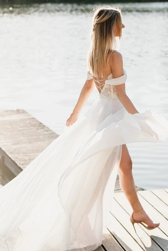 Two Piece Off-the-shoulder Lace Wedding Dress With Cross Back And Split Front