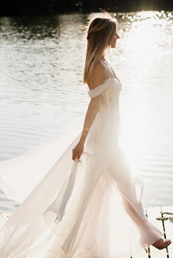 Two Piece Off-the-shoulder Lace Wedding Dress With Cross Back And Split Front