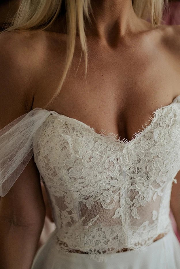 Two Piece Off-the-shoulder Lace Wedding Dress With Cross Back And Split Front