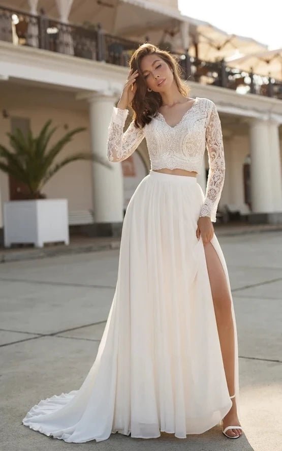 Long sleeve lace two piece dress discount