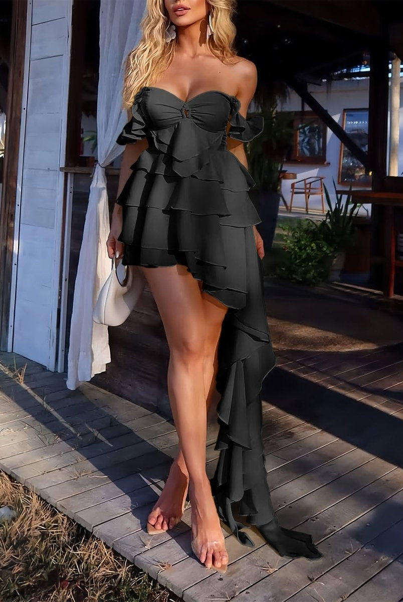 Ulani | Black - Off The Shoulder A Line Chiffon Ruffles Short Homecoming Dress - KissProm