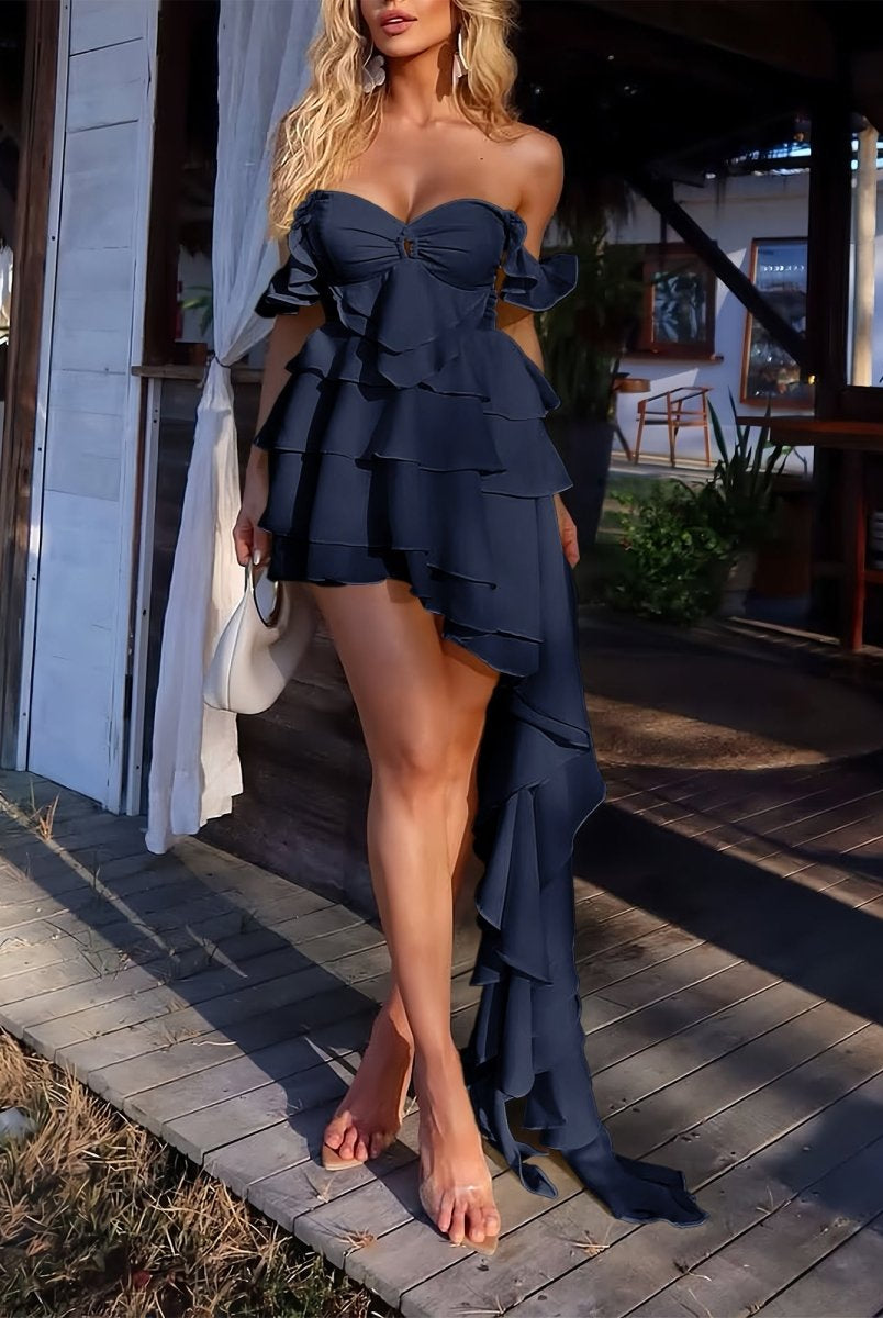 Ulani | Navy Blue - Off The Shoulder A Line Chiffon Ruffles Short Homecoming Dress - KissProm