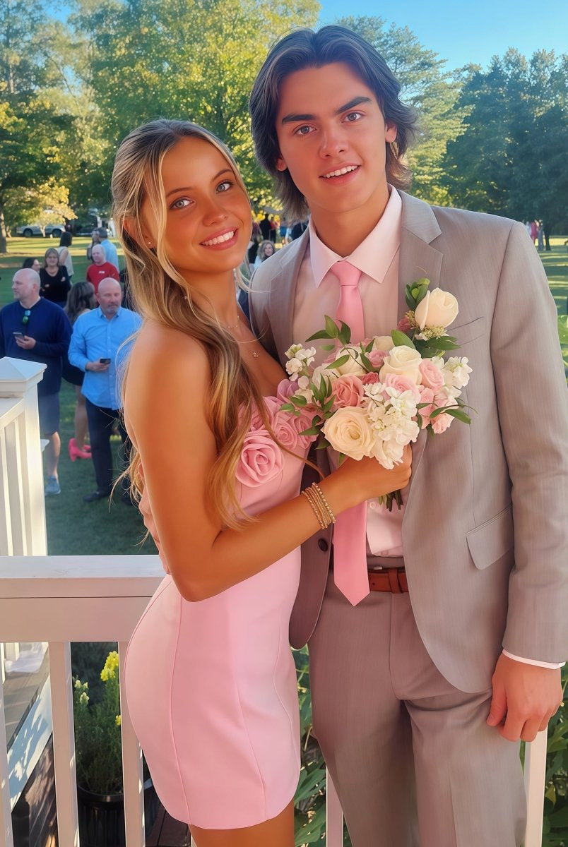 Ulirae | Pink - Strapless Satin Sheath Short Homecoming Dresses With Flowers