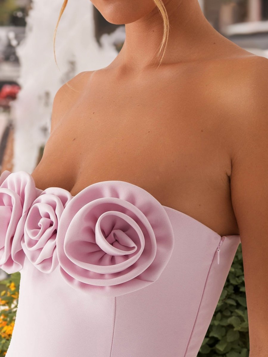 Ulirae | Pink - Strapless Satin Sheath Short Homecoming Dresses With Flowers