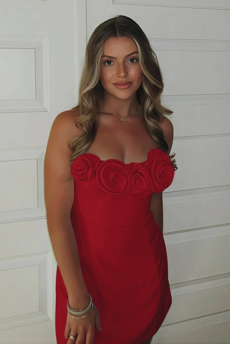 Ulirae | Red - Strapless Satin Sheath Short Homecoming Dresses With Flowers
