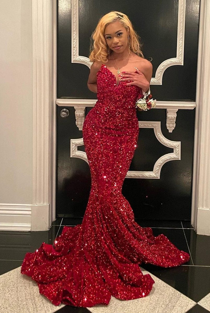 Ulissa| Red Mermaid Sweetheart Neck Sequins Long Prom Dresses - KissProm
