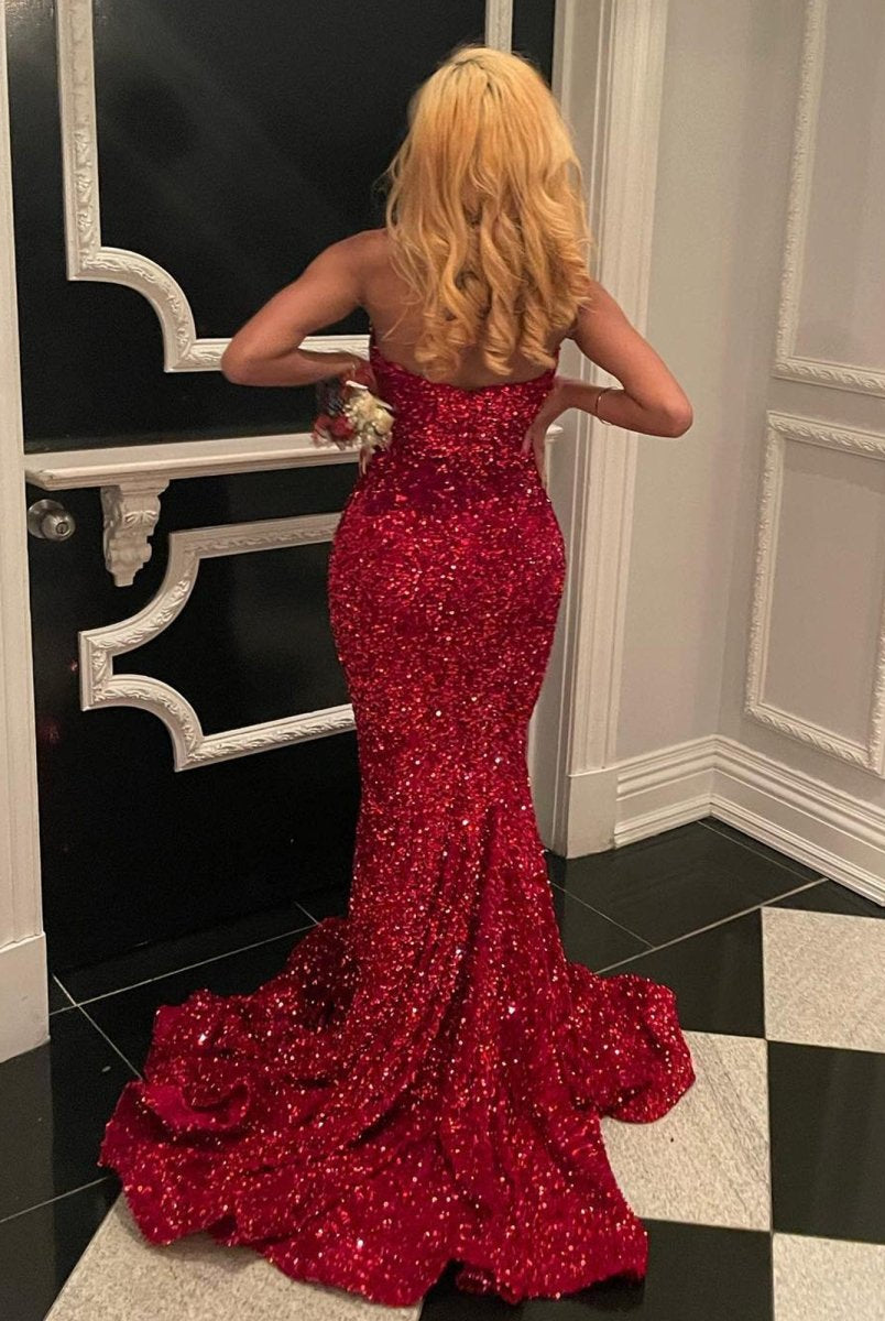 Ulissa| Red Mermaid Sweetheart Neck Sequins Long Prom Dresses - KissProm