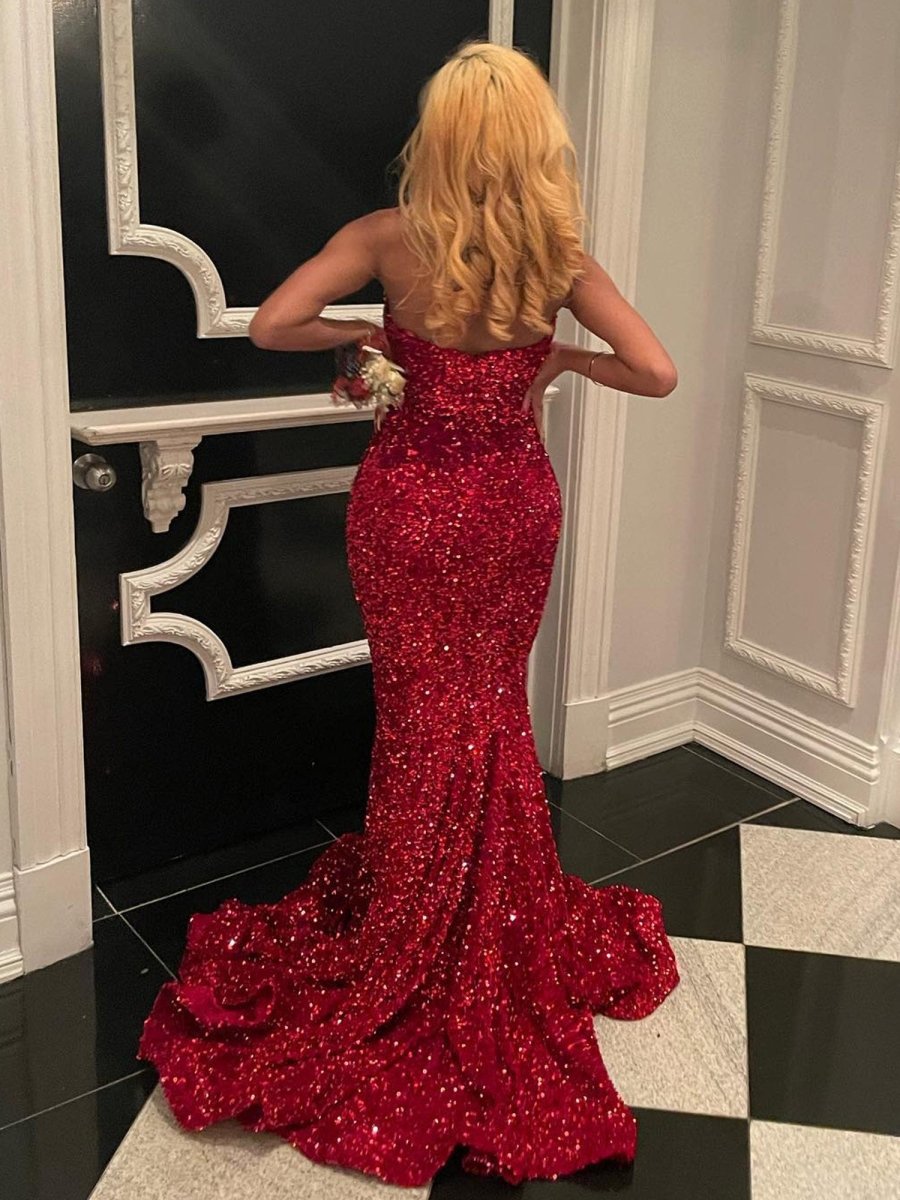 Ulissa| Red Mermaid Sweetheart Neck Sequins Long Prom Dresses - KissProm