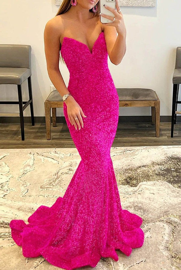 Ulissa| Red Mermaid Sweetheart Neck Sequins Long Prom Dresses - KissProm