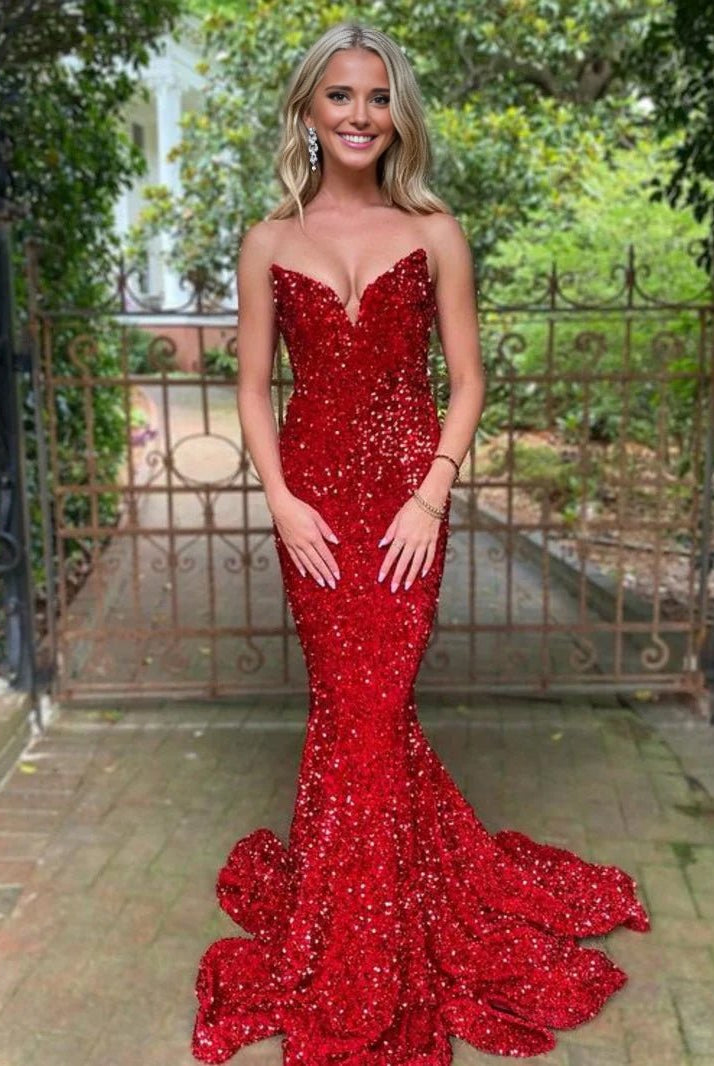 Ulissa| Red Mermaid Sweetheart Neck Sequins Long Prom Dresses - KissProm