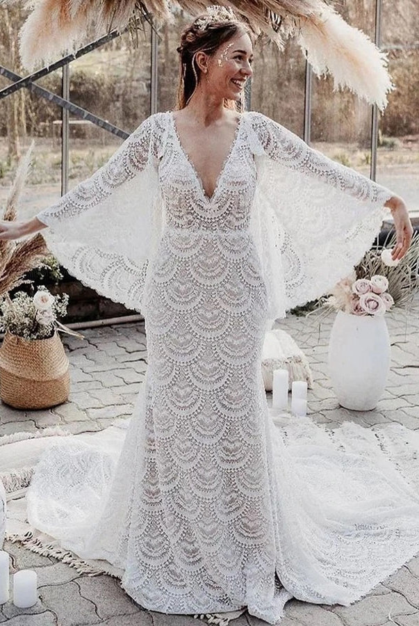 Unique Lace V - Neck Mermaid Bohemian Flare Long Sleeve Beach Bridal Gowns - KissProm