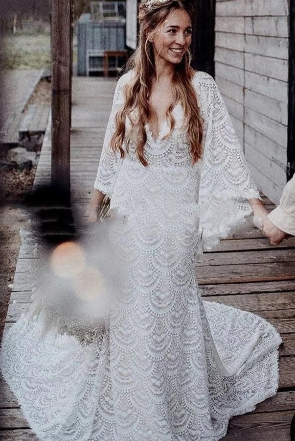 Unique Lace V - Neck Mermaid Bohemian Flare Long Sleeve Beach Bridal Gowns - KissProm