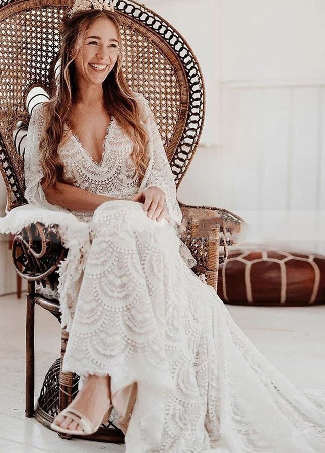 Unique Lace V - Neck Mermaid Bohemian Flare Long Sleeve Beach Bridal Gowns - KissProm