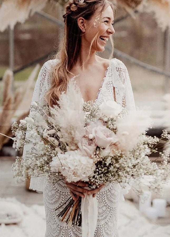 Unique Lace V - Neck Mermaid Bohemian Flare Long Sleeve Beach Bridal Gowns - KissProm