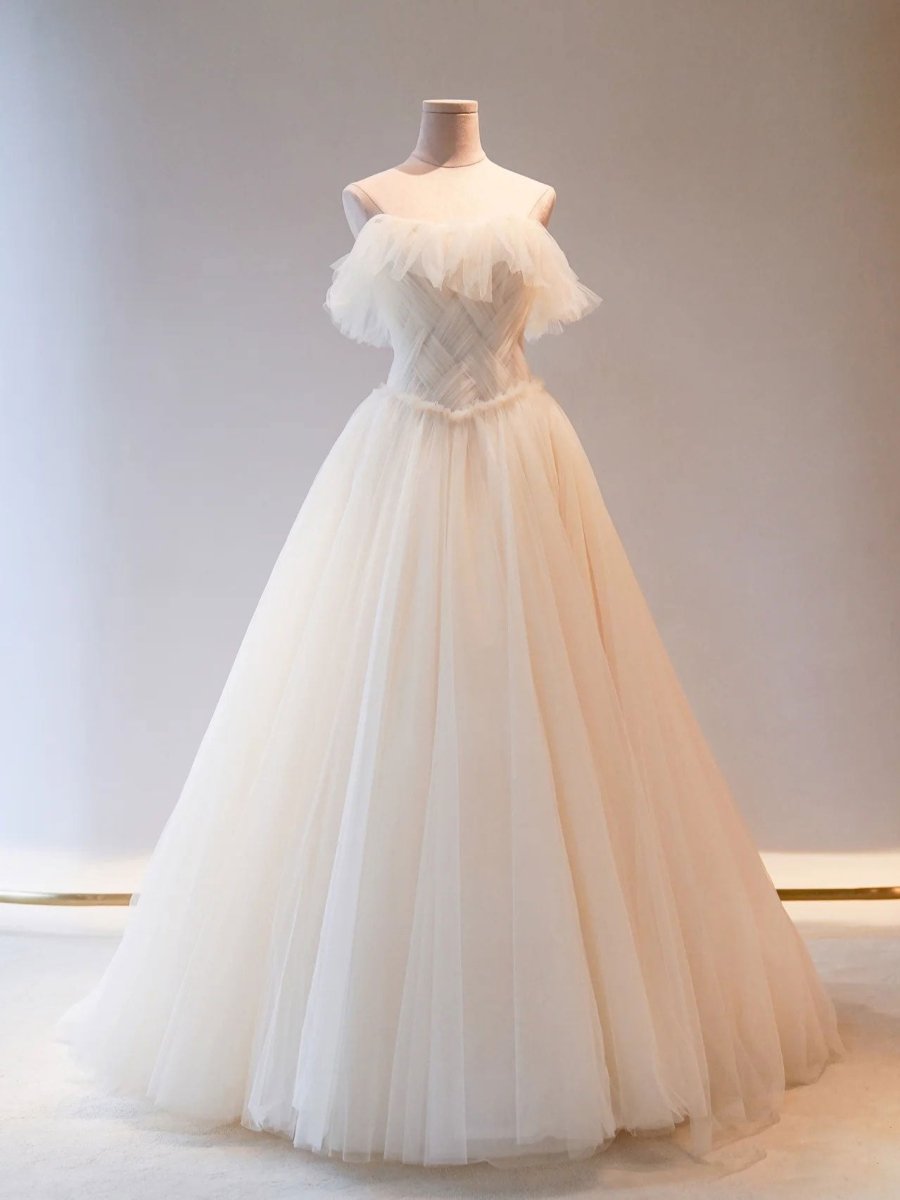 Unique Light Champagne Tulle Long Prom Dress, Tulle Formal Wedding Dress - KissProm