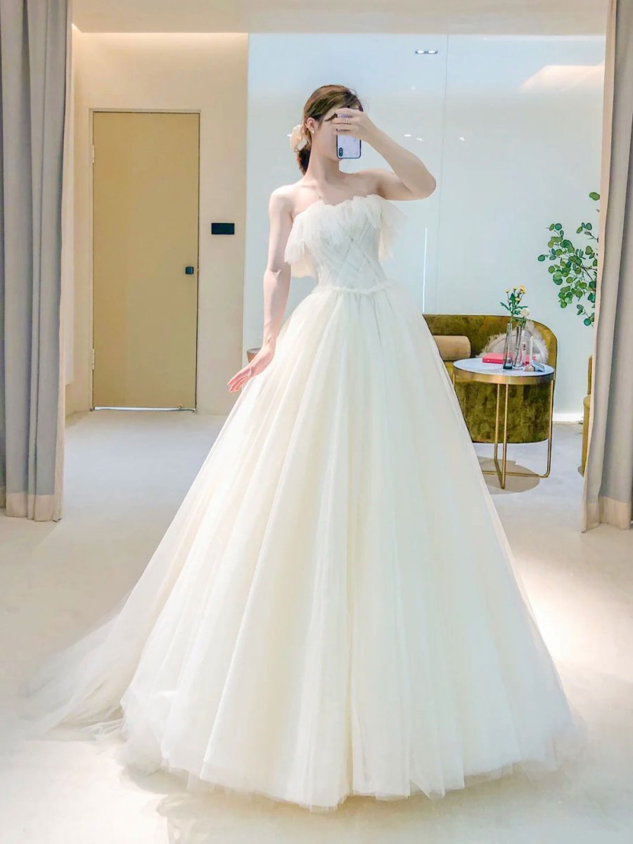 Unique Light Champagne Tulle Long Prom Dress, Tulle Formal Wedding Dress - KissProm
