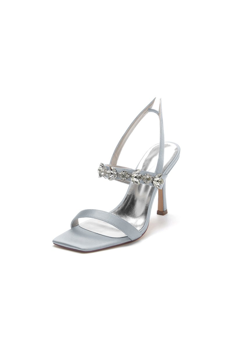 Unique Square Open Toe Crystal Strap Chunky Heels - KissProm