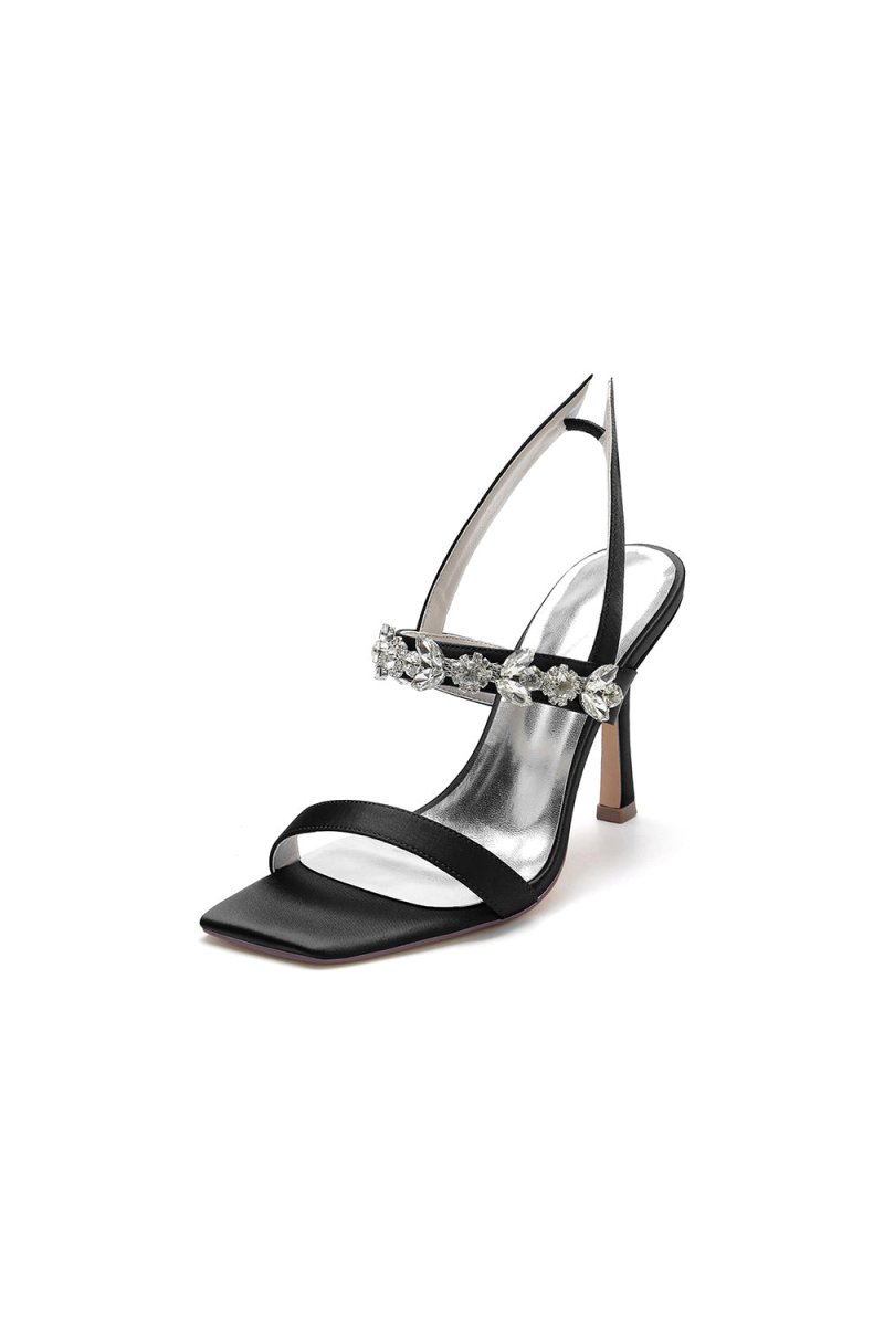 Unique Square Open Toe Crystal Strap Chunky Heels - KissProm