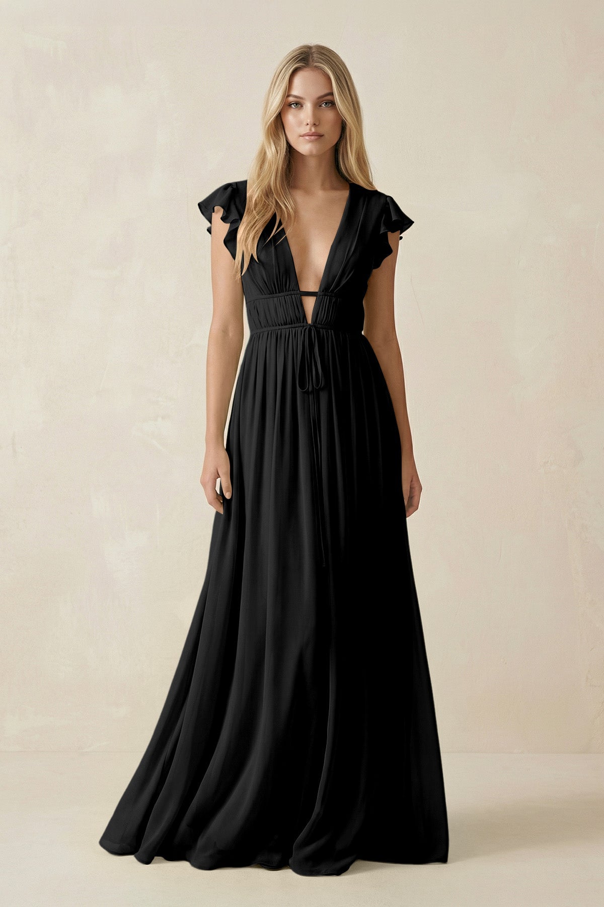 KissProm V-Neck A-Line Chiffon Cap Sleeves Bridesmaid Dress in Black, Black / 14