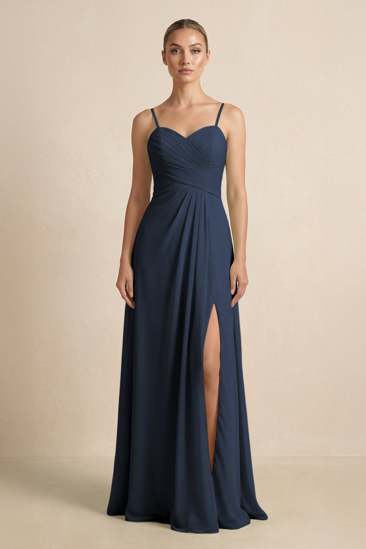 KissProm V-Neck A-Line Chiffon Pleated Bridesmaid Dress in Dark Navy, Dark Navy / 26