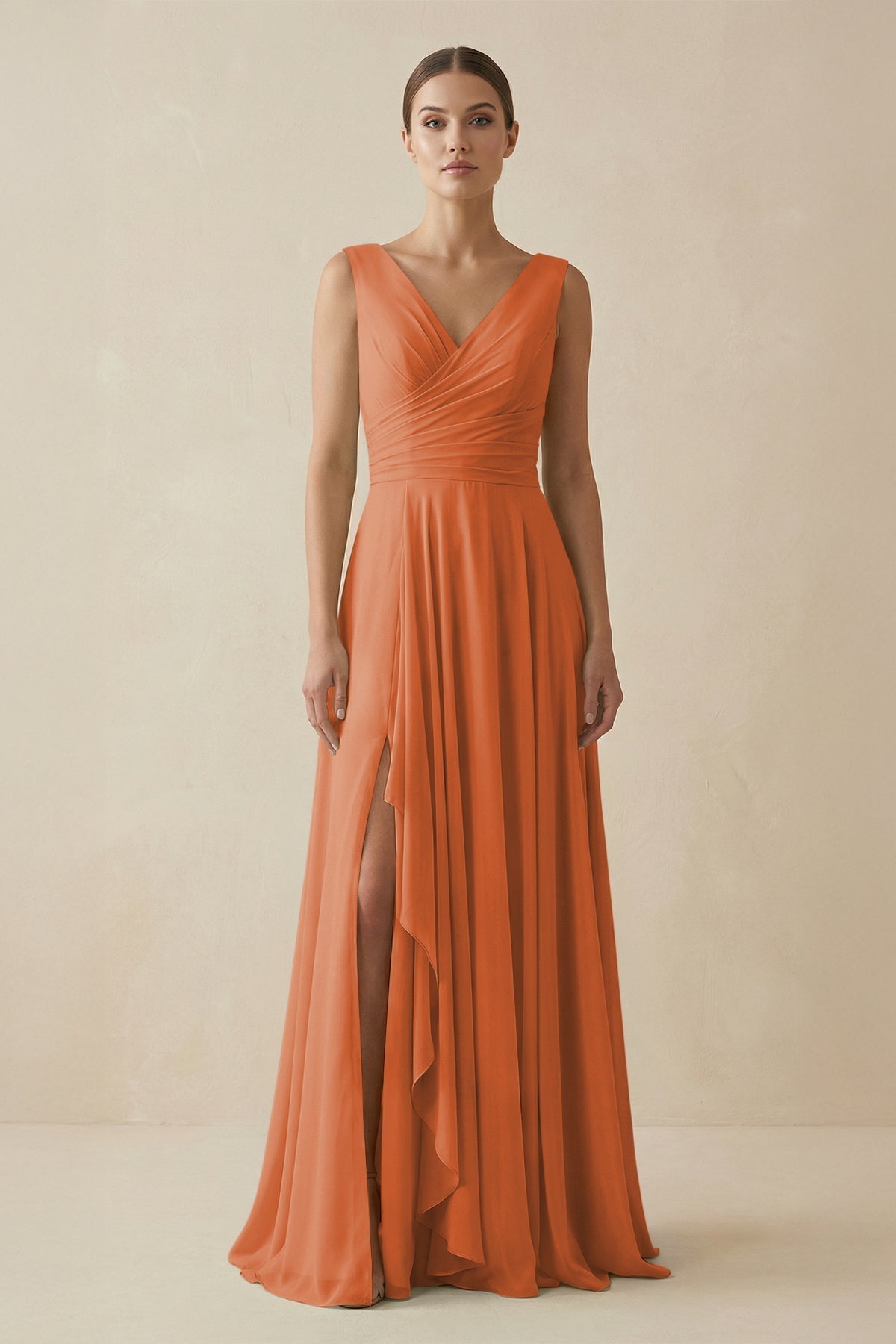 KissProm V-Neck A-Line Chiffon Ruffled Bridesmaid Dress in Terracotta, Terracotta / 22