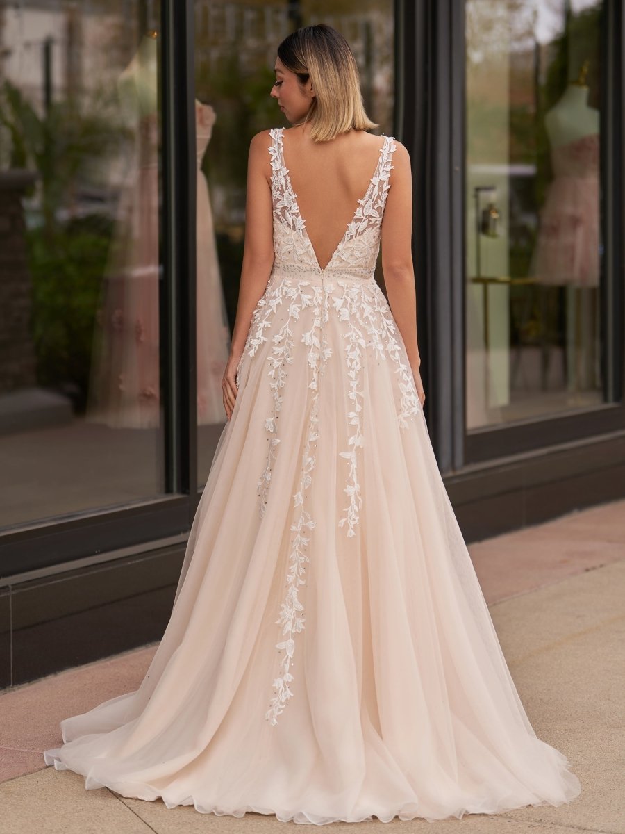 V - neck Applique Lace Tulle Sweep Train Prom Dress - KissProm