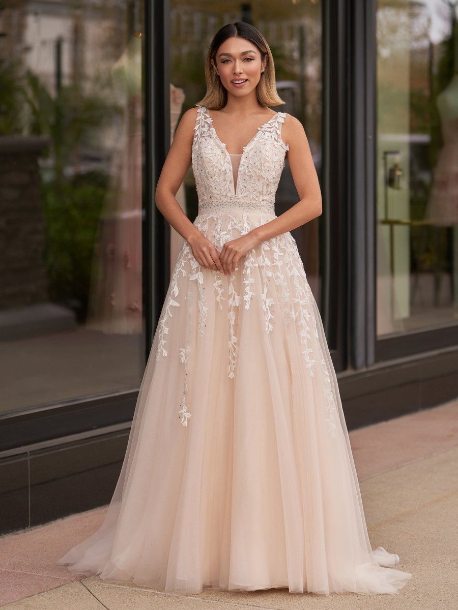 V - neck Applique Lace Tulle Sweep Train Prom Dress - KissProm
