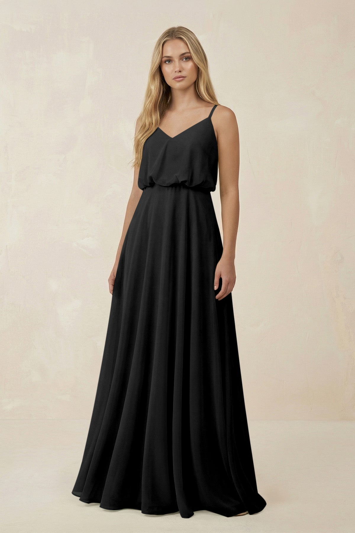 KissProm V-Neck Blouson A-Line Chiffon Bridesmaid Dress in Black, Black / 2