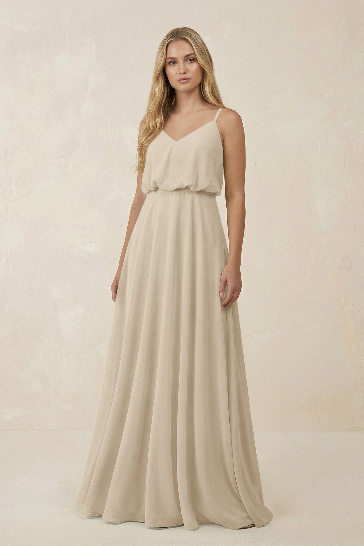 KissProm V-Neck Blouson A-Line Chiffon Bridesmaid Dress in Champagne, Champagne / 30