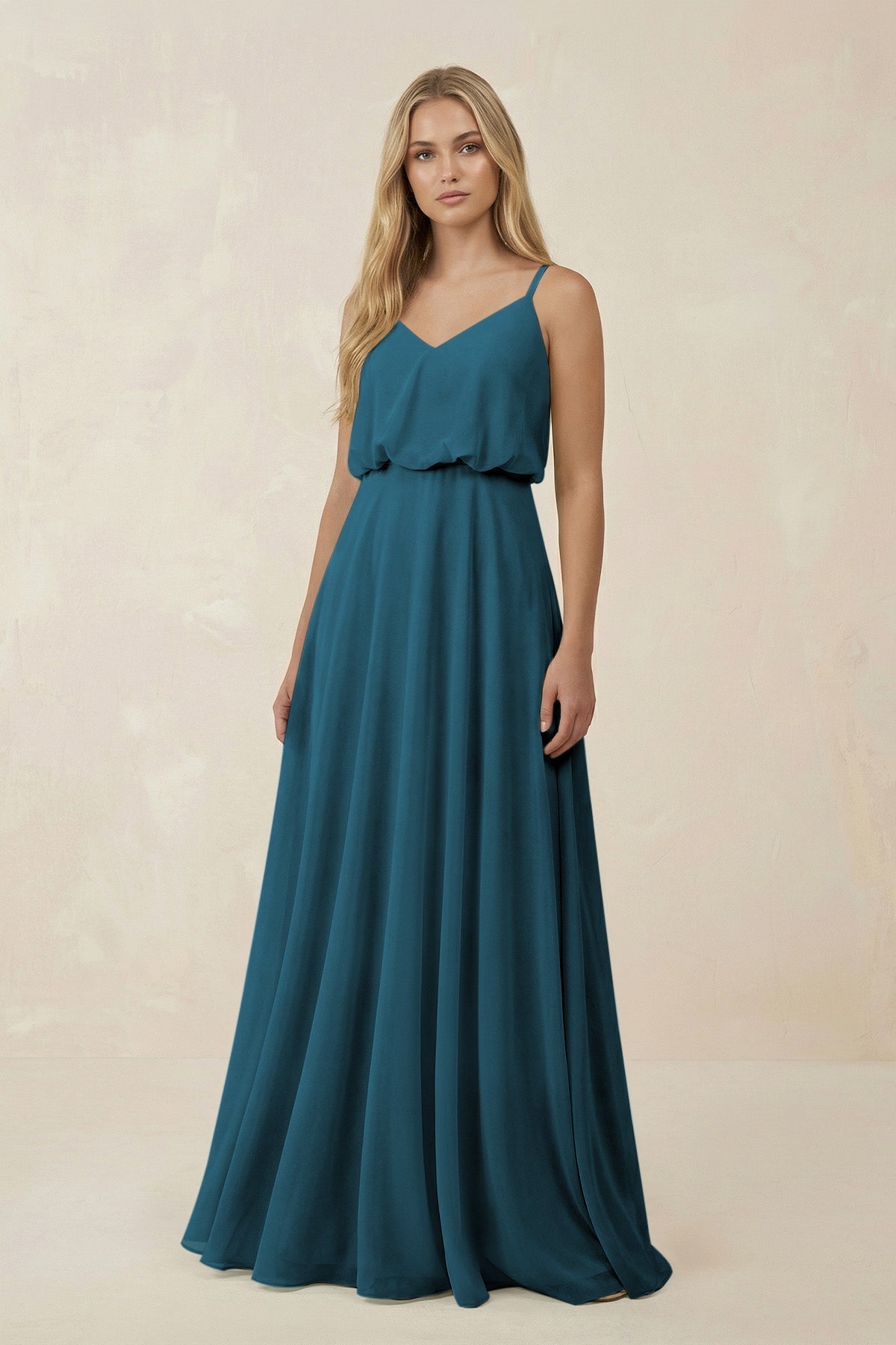 KissProm V-Neck Blouson A-Line Chiffon Bridesmaid Dress in Dark Teal, Dark Teal / 6
