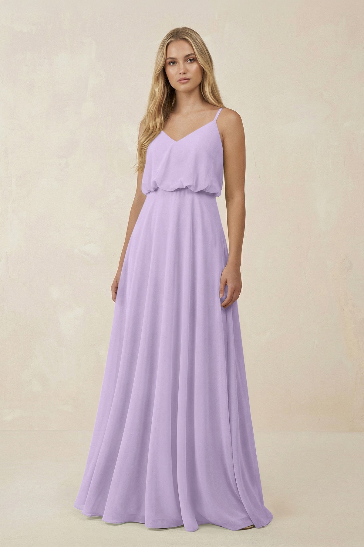 V-Neck Blouson A-Line Chiffon Bridesmaid Dress in Lavender, Lavender / 24