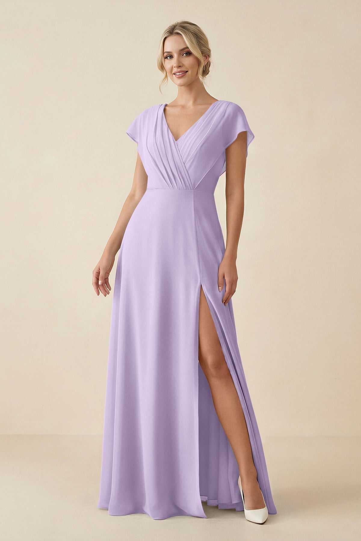 KissProm V-Neck Cap Sleeve Chiffon Bridesmaid Dress with Cut-out Back in Lavender, Lavender / 28