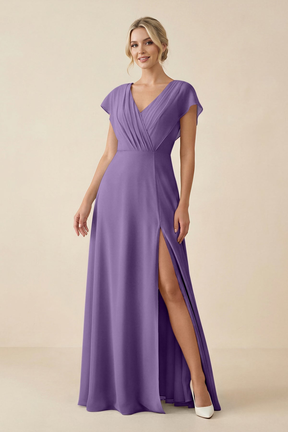 KissProm V-Neck Cap Sleeve Chiffon Bridesmaid Dress with Cut-out Back in Tahiti, Tahiti / 18