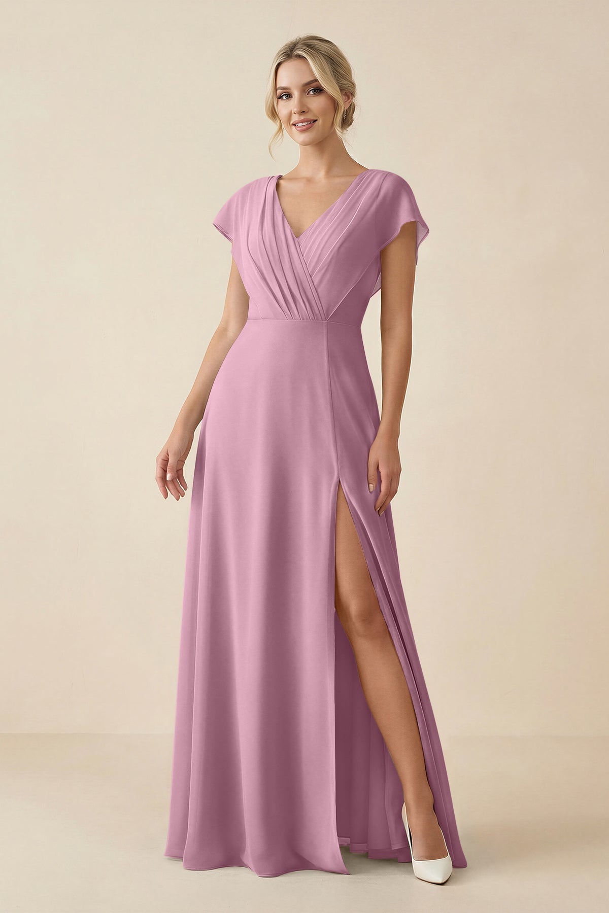 KissProm V-Neck Cap Sleeve Chiffon Bridesmaid Dress with Cut-out Back in Vintage Mauve, Vintage Mauve / 16
