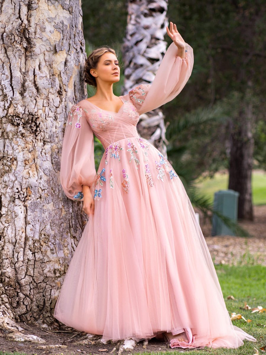 V-Neck Embroidery Sequin Floor Length Tulle Prom Dress Pink / 2 V-Neck Embroidery Sequin Floor Length Tulle Prom Dress Pink / 2