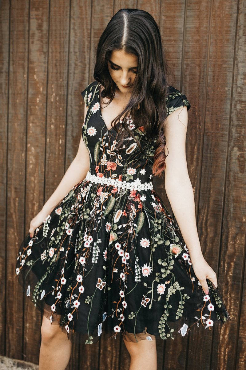 V-Neck Floral Black Homecoming Dress with Beaded Waist V-Neck Floral Black Homecoming Dress with Beaded Waist